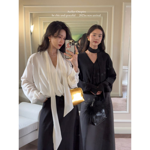 现货 Onepire 千代姐姐·蚕丝+棉!慵懒松弛通勤飘带V领衬衫