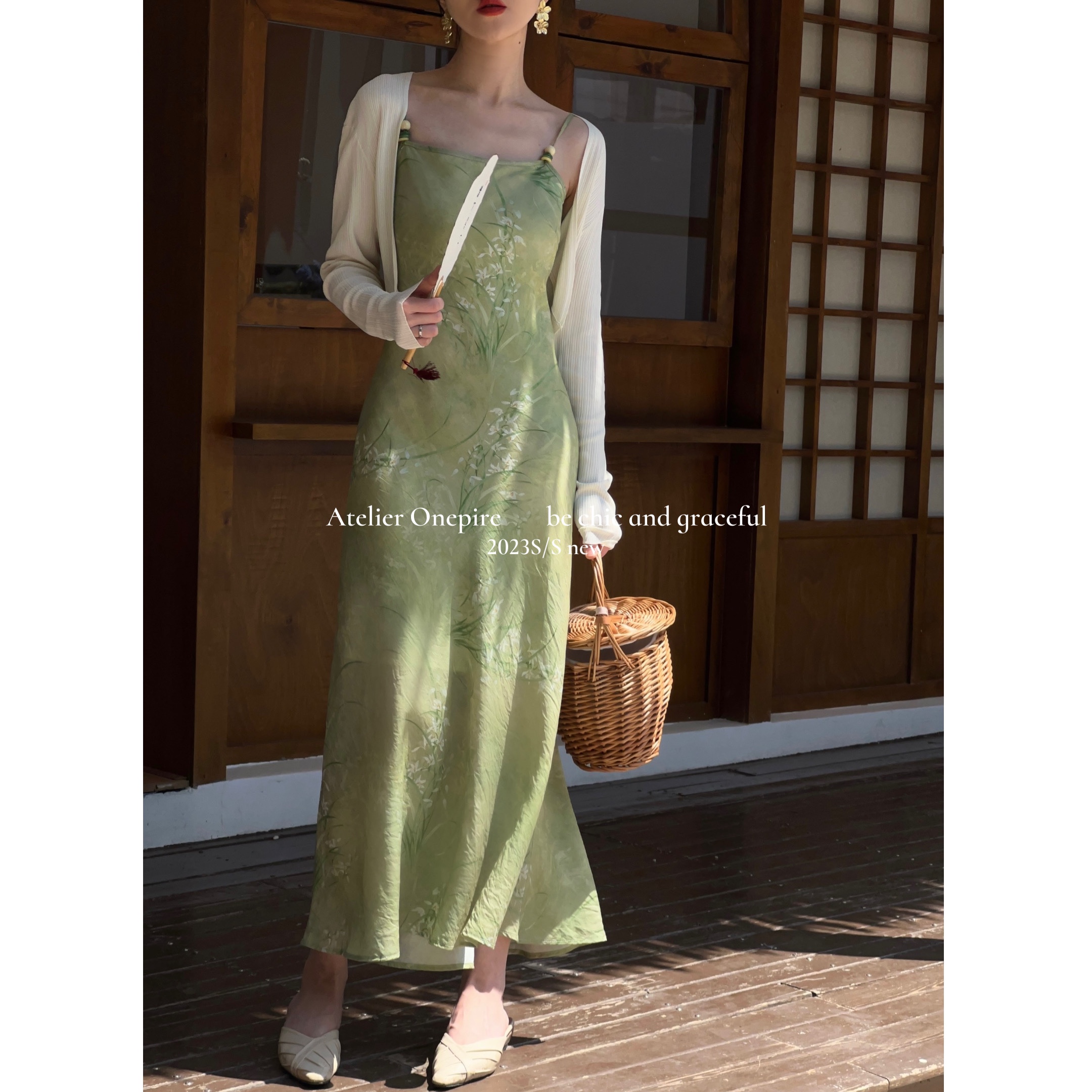 复古中式兰花印花串珠吊带连衣裙