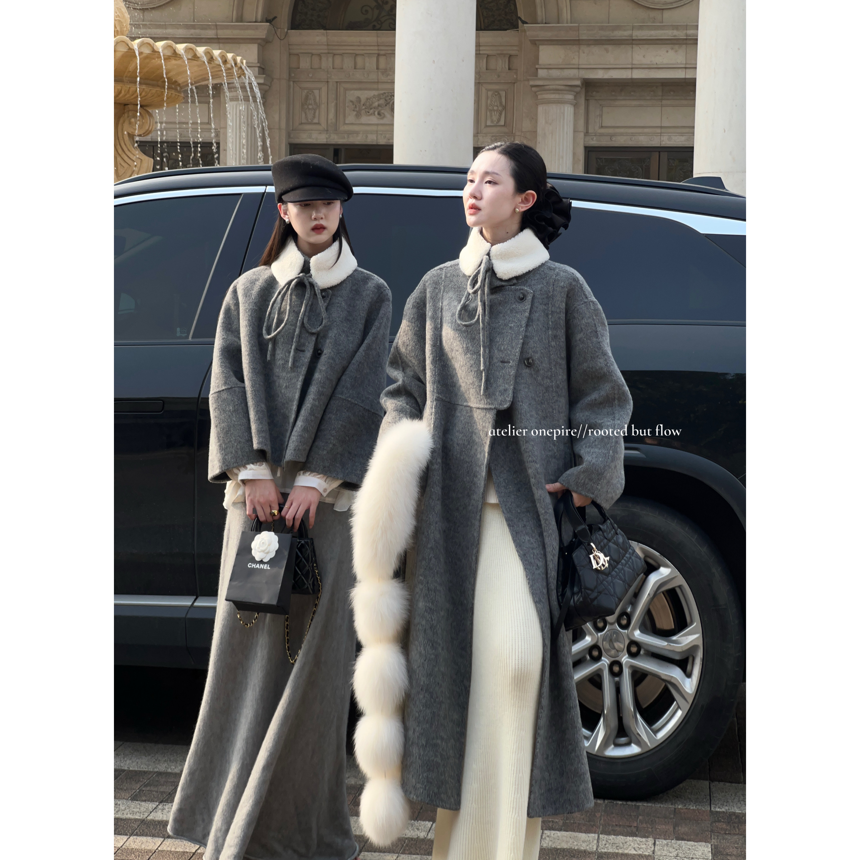 【现货】Onepire|《烟灰织梦》赫本风仿羊羔毛领双面羊毛呢大衣