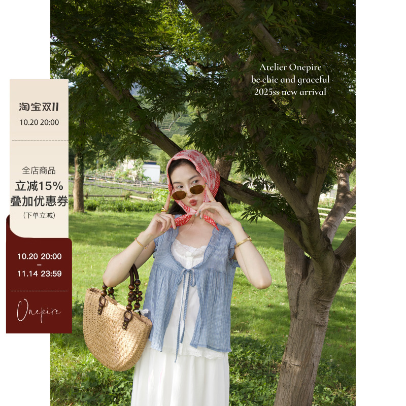 【现货】Atelier Onepire|夏日纳凉小衫格纹圆领假两件上衣