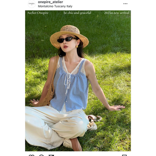 【现货】 Onepire 棉质法式复古甜美蕾丝镂空拼接假两件格子背心