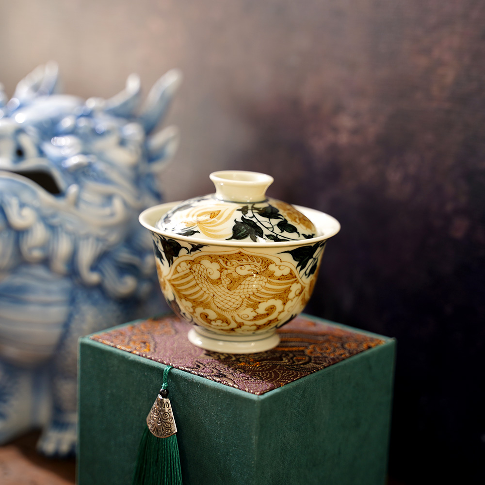 JM083景德镇窑口手工手绘复古青花二号釉里金太阳鸟盖碗-130毫升