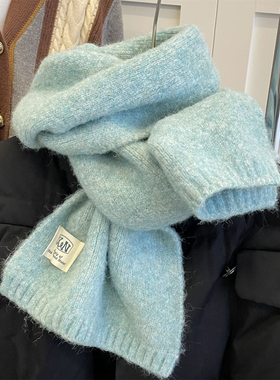 韩版自留软糯湖蓝色针织围巾女冬季保暖护颈奶油风围脖百搭高级感