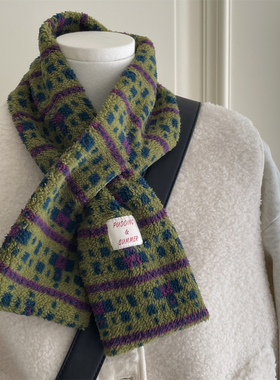 自留款泰迪绒条纹短款小围巾学生加厚保暖费尔岛风交叉围脖冬季女