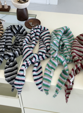 秋冬好搭单品彩条纹针织围巾撞色三角巾多用休闲叠搭领巾复古披肩