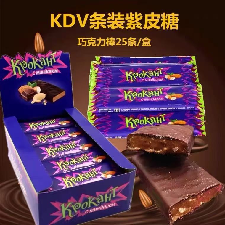 俄罗斯进口紫皮糖KDV牌扁桃仁夹心紫皮棒巧克力味糖果700g/盒零食