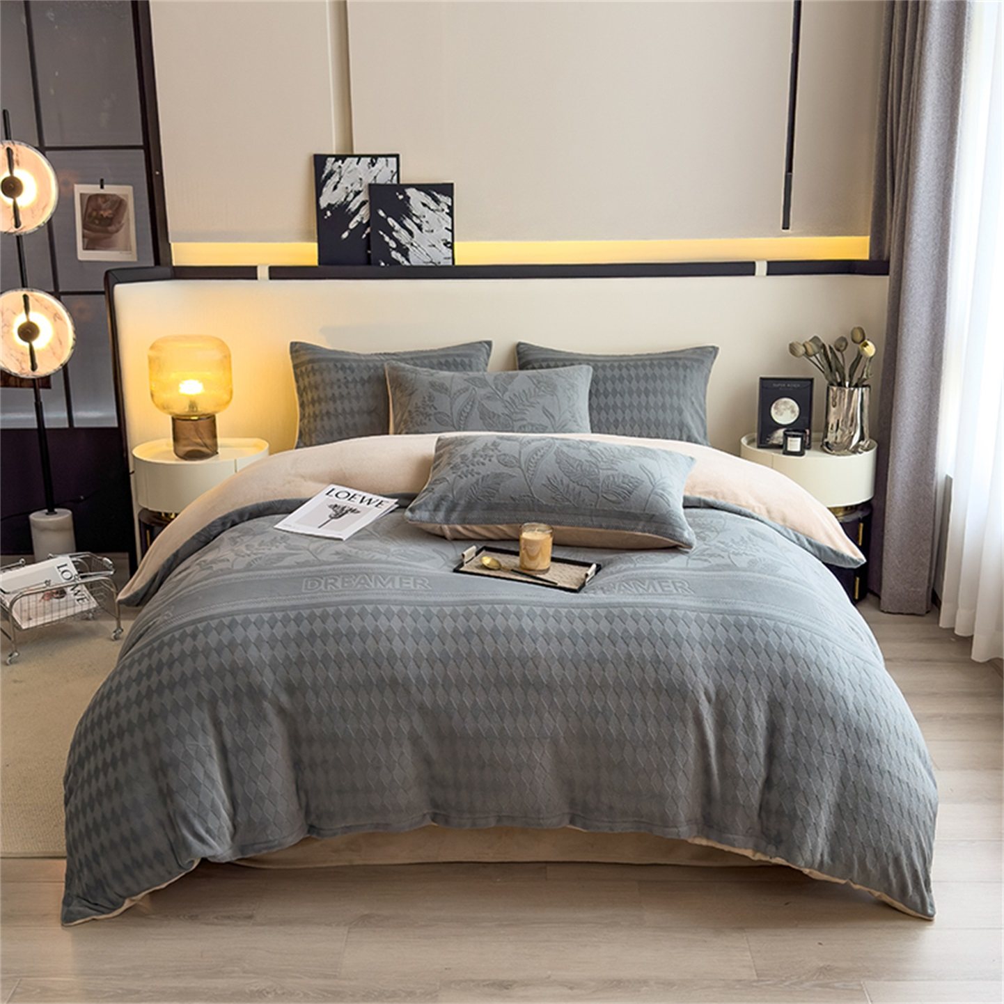 四件套灰色简约现代床品套件被套床单枕套厚款冬季保暖牛奶绒纯色