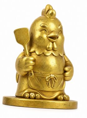 黄铜厨师鸡摆件围裙炒勺生肖鸡趣味厨房国风可爱桌面铜制小摆件
