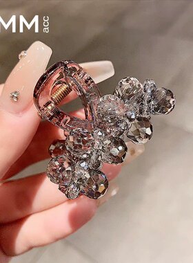 高级感大气银灰色水晶纯手工穿线抓夹后脑勺半扎发卡前额碎发边夹