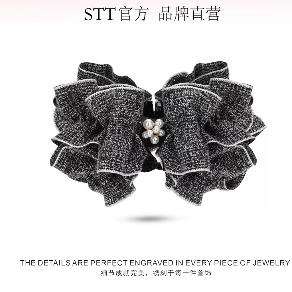 STT韩国小香风珠缀墨褶蝴蝶结发夹女时尚千金风高马尾香蕉夹头饰