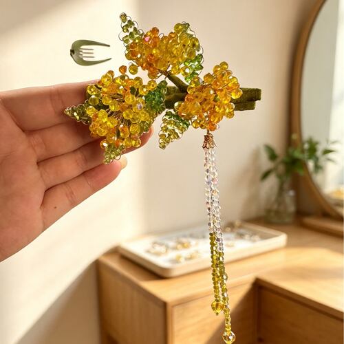 西家三束桂花水晶鸭夹，侧面碎发夹流苏水晶款
