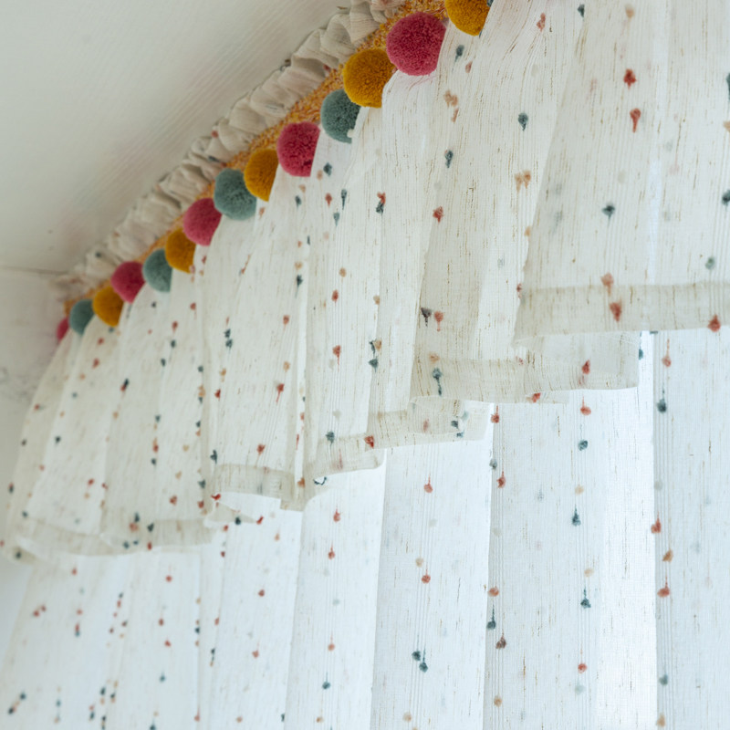 ins风儿童房免安装自粘帘头条纹豆豆窗纱窗幔魔术贴防尘帘遮丑帘