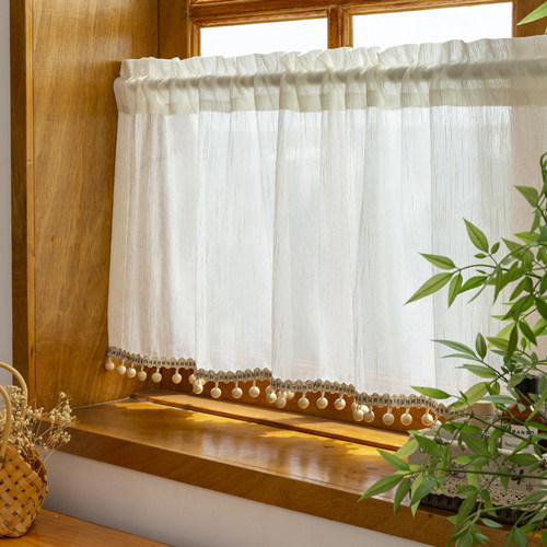 奶油竖纹纱帘半截飘窗短窗帘半帘短款小窗户免打孔短帘门帘隔断帘