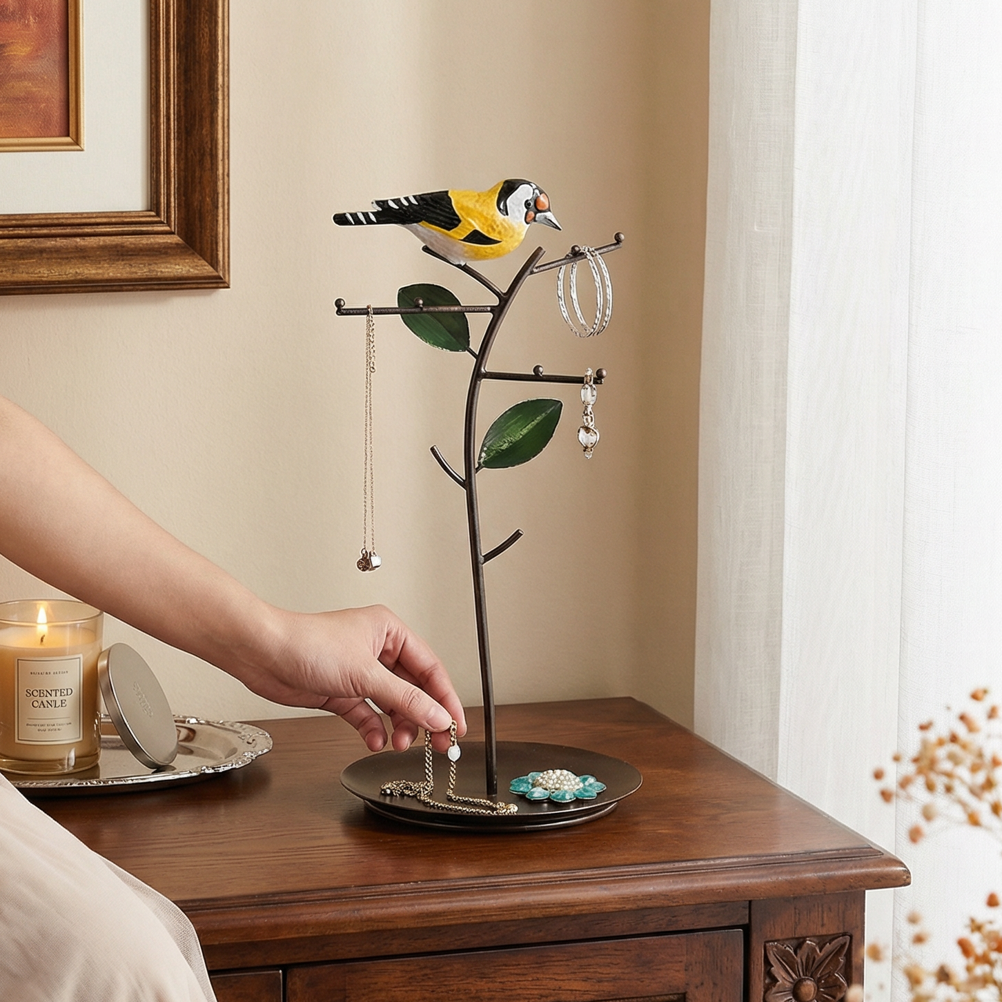 北欧田园花鸟金属首饰收纳架卧室桌面装饰摆件失蜡法工艺