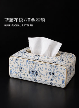 中式青花瓷金箔桌面纸巾盒