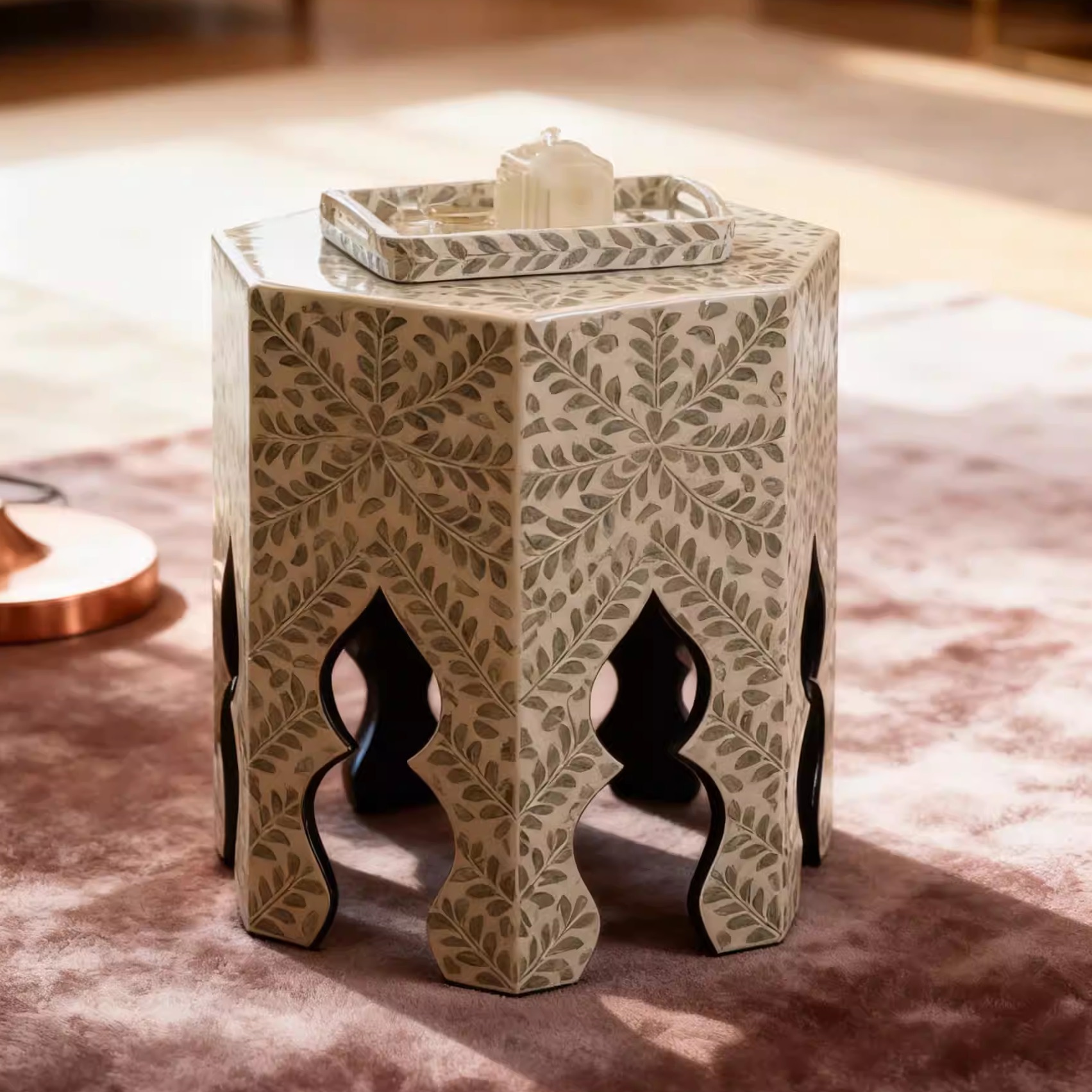 越南进口绿贝边几角几托盘摆件