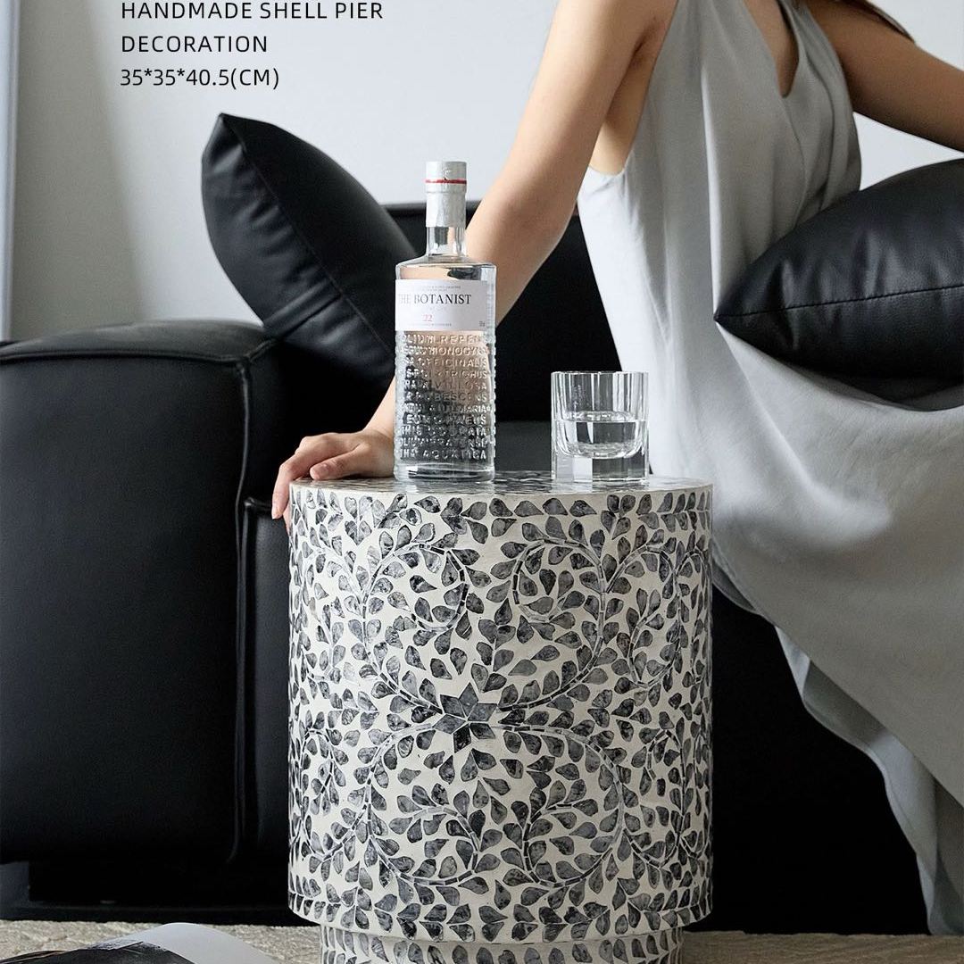 北欧风手工贝壳边几圆形储物角几