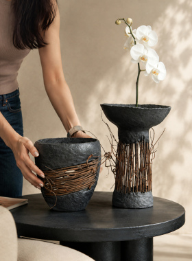 侘寂风竹藤花瓶摆件套组客厅