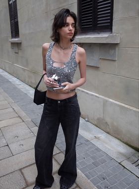 SansFrontieres Sparkle Tank Top 细带设计修身亮片背心