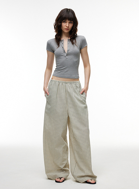 SansFrontieres Daily系列 宽松阔腿泡泡纱休闲长裤 黑/格纹