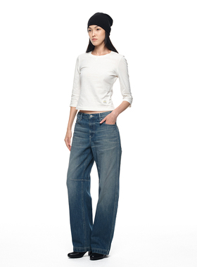 SansFrontieres Daily系列 节子棉纽扣圆领短款七分袖T恤