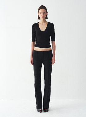 SansFrontieres 无腰头毛边设计侧开衩低腰烟管长西裤