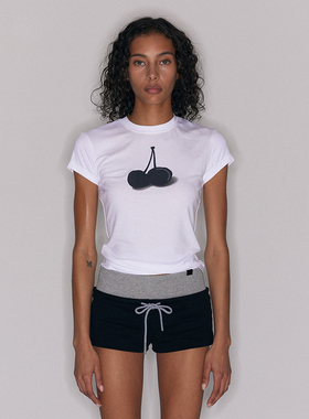 SansFrontieres  Cherry T-Shirt 黑樱桃印花正肩修身轻薄短袖T恤