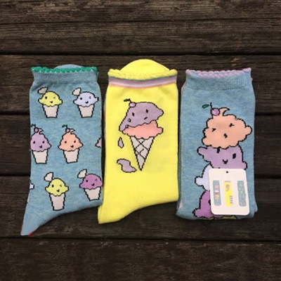 W161007外贸冰淇淋全棉女袜春秋冬季可爱女士短袜36-40码3双装