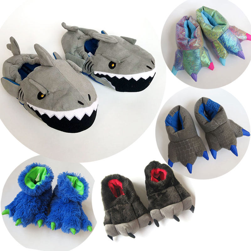 G鲨鱼恐龙爪子儿童棉拖鞋男童卡通可爱拖鞋女静音保暖包跟地板鞋