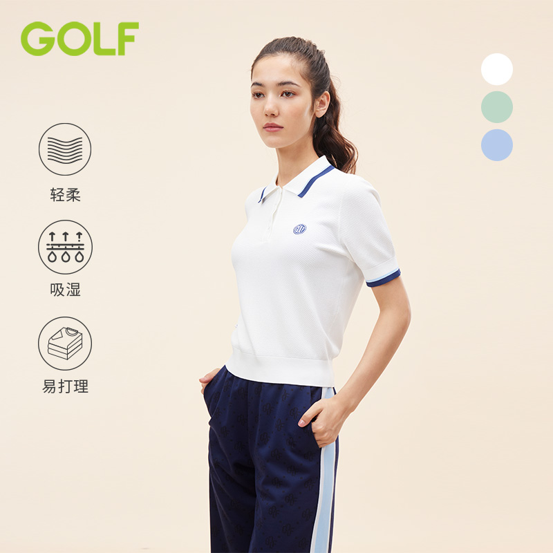 GOLF高尔夫POLO领女针织衫夏季撞色翻领体恤时尚正肩白色短袖t恤