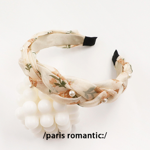网纱珍珠发箍女田园风温柔印花头箍宽边麻花洗脸压发卡布艺头饰品