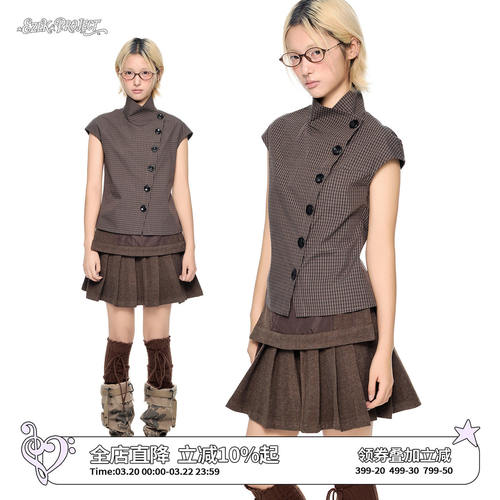 EZEK学院风格子正肩短袖