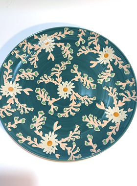 出口欧美品牌14寸陶瓷小花花托盘家用餐盘水杯茶盘收纳盘餐具盘子