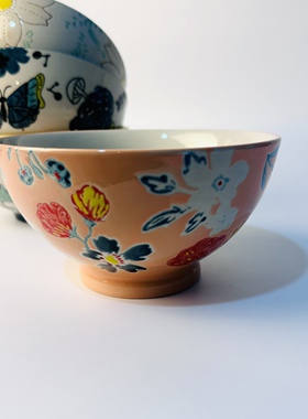 外贸陶瓷陶6寸瓷高脚碗家用饭碗加厚防烫汤面碗手绘釉下彩拌面碗