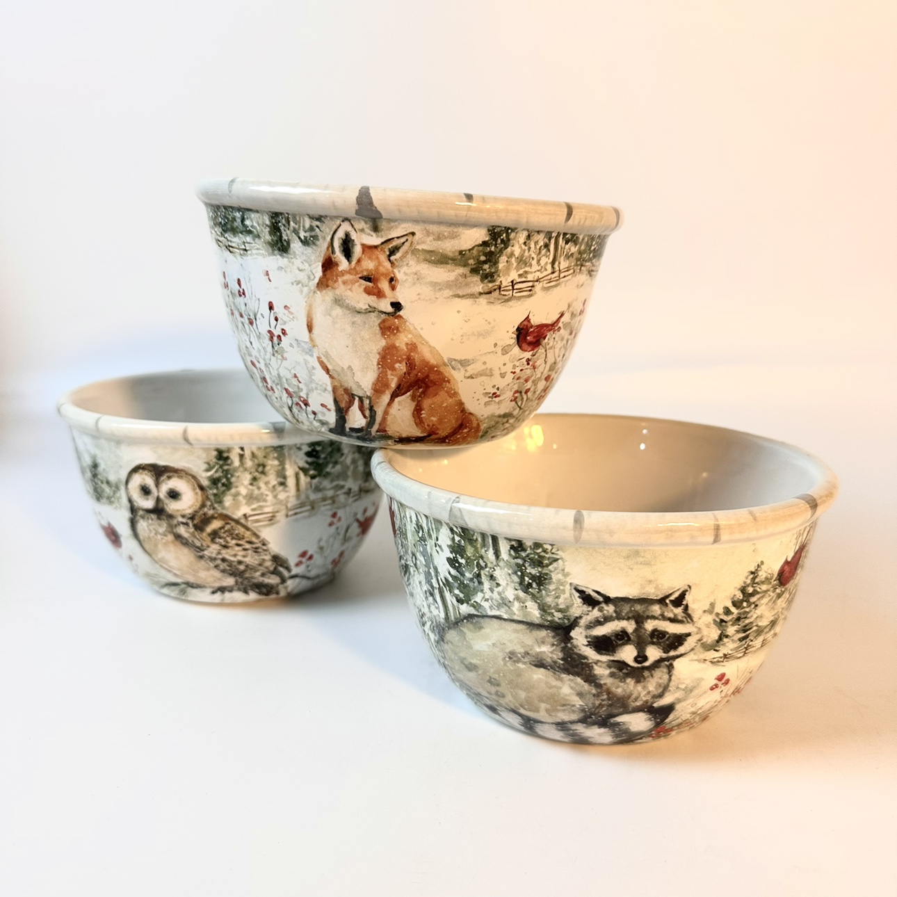 Certified International冬季漫步狐狸浣熊猫头鹰陶瓷5.5寸饭碗