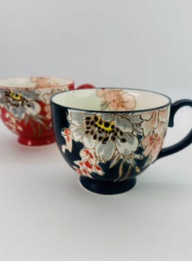 出口欧美陶瓷手绘浮雕花朵民族 剧中款 陶瓷马克杯 早餐杯 麦片杯