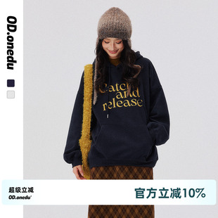 复古连套头慵懒风休闲上衣 OD秋冬加绒连帽字母印花卫衣女宽松美式