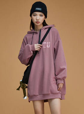 2025新款秋冬加绒卫衣连衣裙女连帽宽松韩版长袖休闲中长款裙子潮