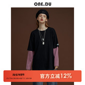 2025新款 假两件长袖 T恤女ins超火拼接宽松学生原宿外穿百搭上衣潮