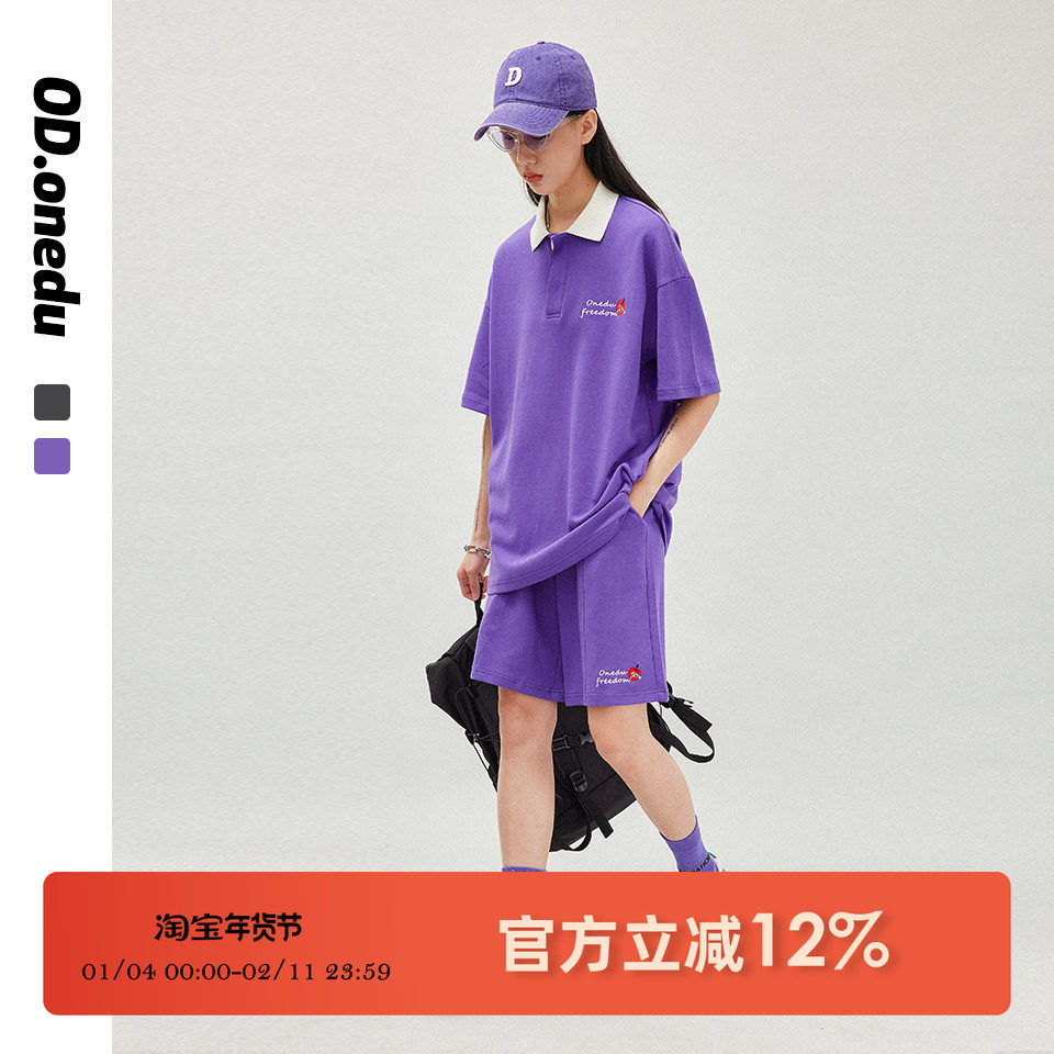 OD运动套装女夏季休闲POLO领宽松学生情侣短袖上衣五分短裤两件套