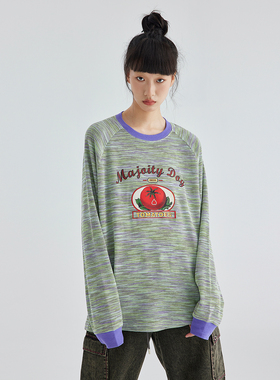 OD 复古撞色段彩华夫格西红柿纯棉印花T恤女宽松休闲长袖打底t衫