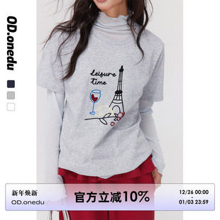 显瘦上衣 打底修身 ODonedu铁塔刺绣圆领正肩短袖 T恤女休闲纯棉半袖
