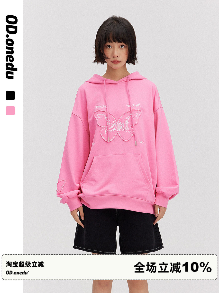 ODonedu蝴蝶贴布绣连帽长袖卫衣女宽松美式复古oversize粉色上衣