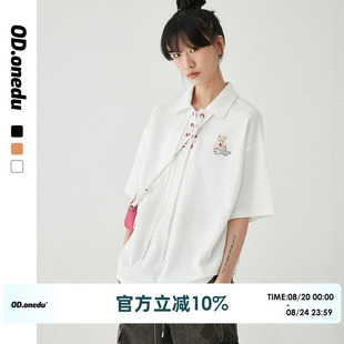 女polo衫 od日系休闲华夫格可爱刺绣学院风t恤棉质翻领短袖