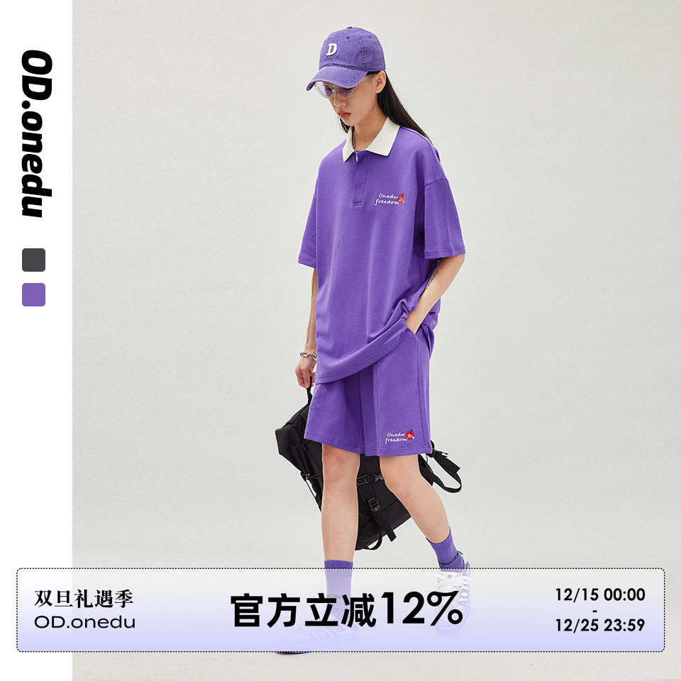 OD运动套装女夏季休闲POLO领宽松学生情侣短袖上衣五分短裤两件套