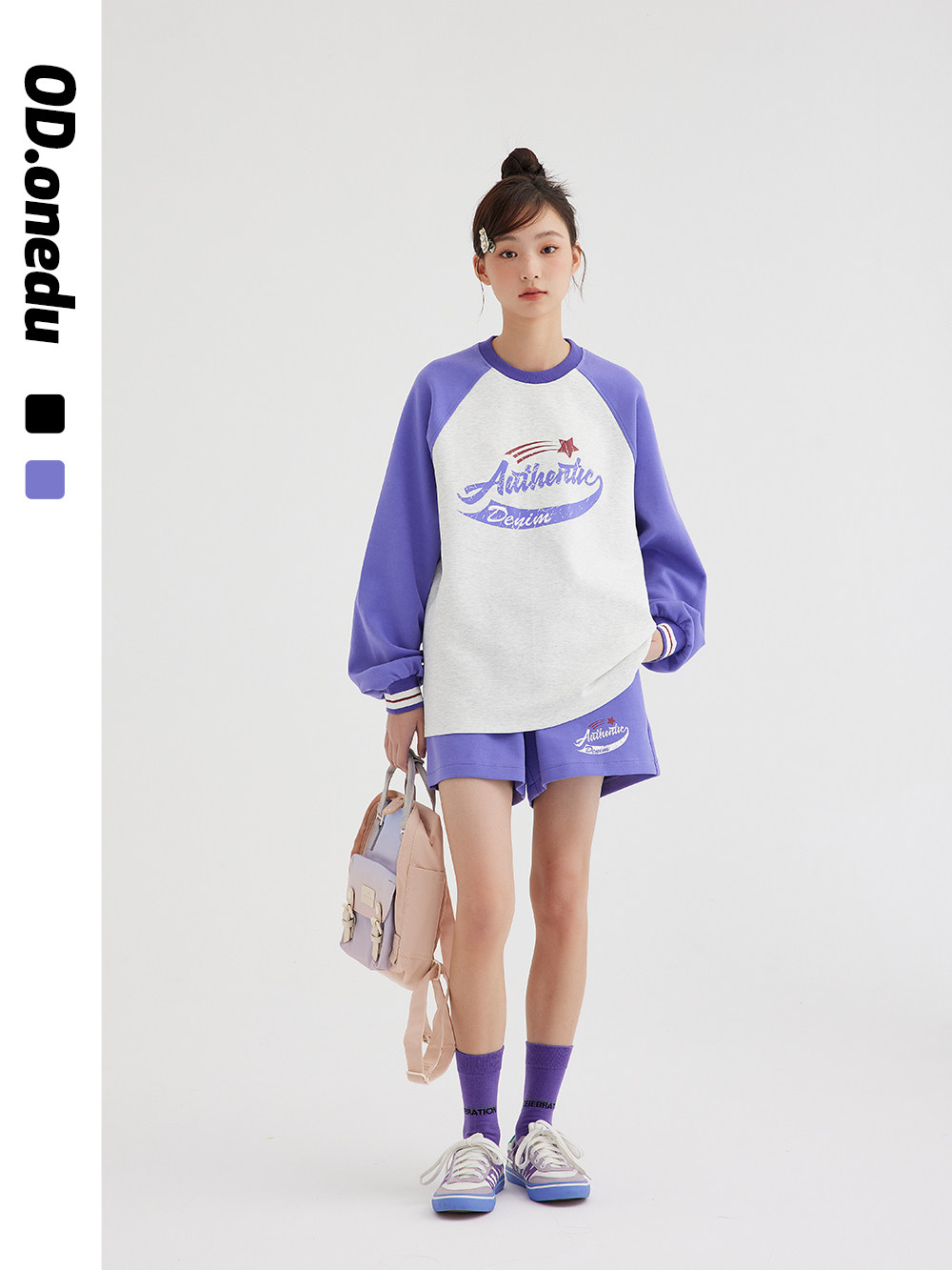 OD 休闲时尚套装女春节宽松长袖美式复古烂点印花卫衣短裤两件套