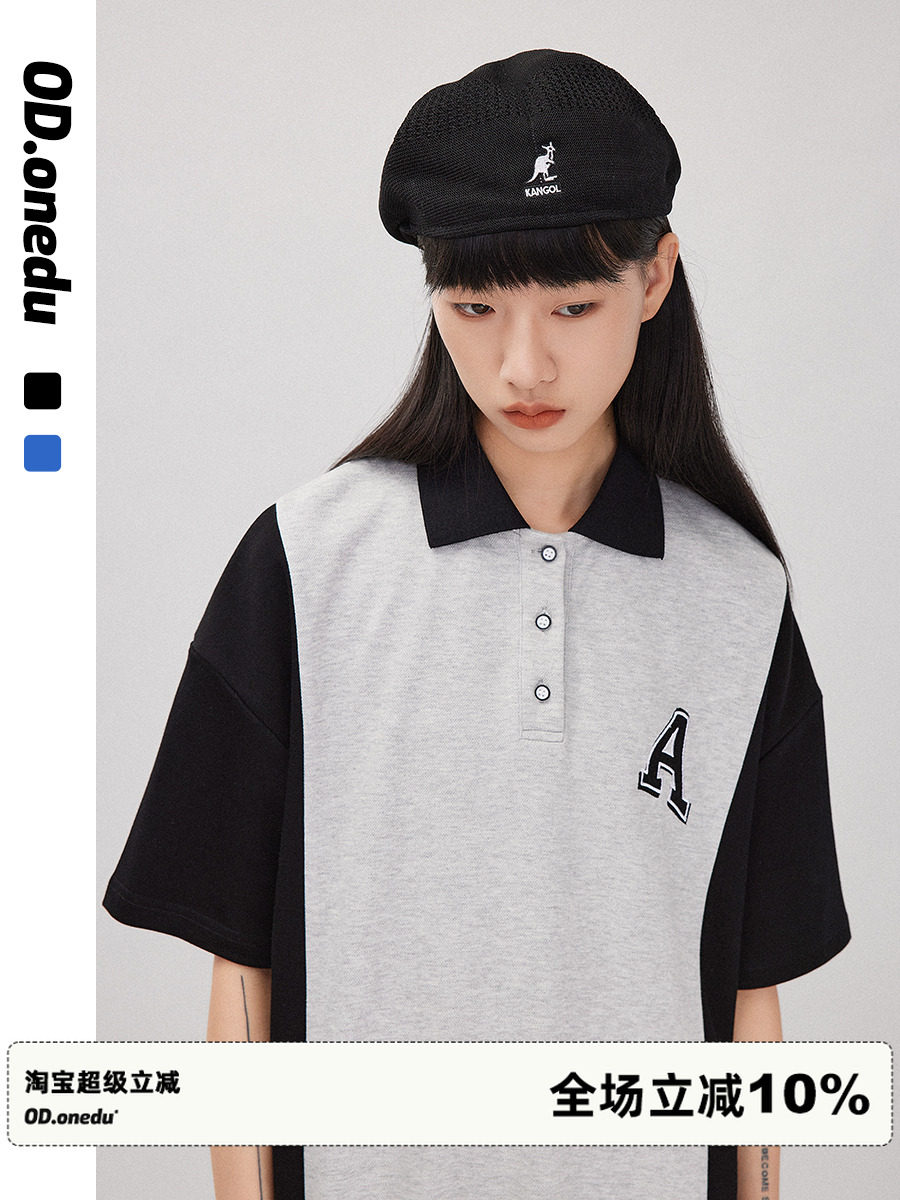 OD拼接撞色POLO领短袖连衣裙女宽松百搭中长款过膝懒人翻领T恤裙