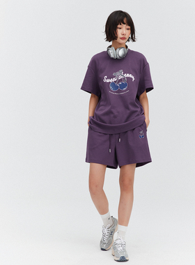 ODonedu樱桃印花T恤套装女宽松休闲运动美式紫色高腰短裤两件套