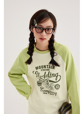 长袖T恤女拼接撞色插肩袖印花美式复古百搭宽松早秋圆领休闲上衣