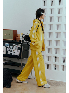 ODonedu侧边花边杠条连帽拉链运动套装女时尚休闲外套裤子两件套